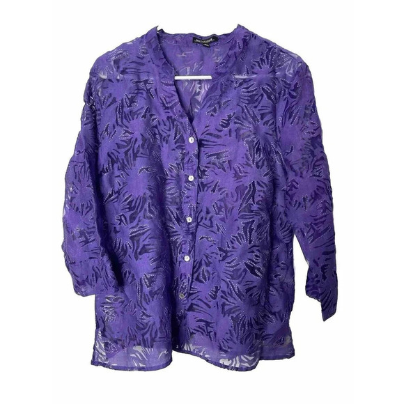Notations Button Up Tunic Blouse L Glitter Burnout Geometric Sheer Linen Blend - Picture 1 of 10